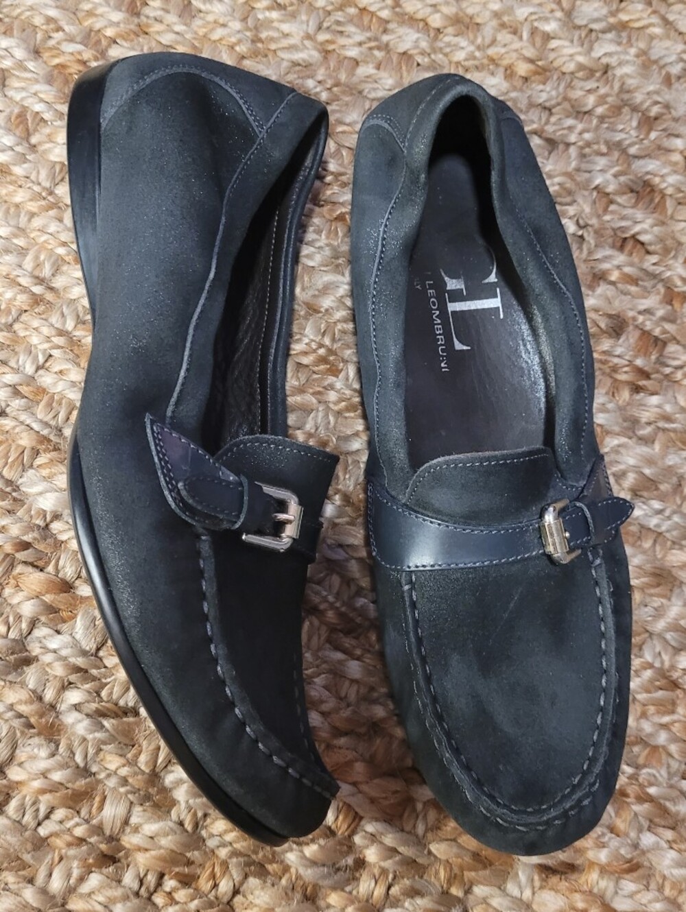AGL Italian Dark Navy Suede Buckle Strap Moccasin Driving Shoes Flats 39 Luxury